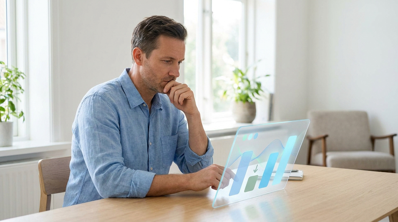 Un homme regarde attentivement un graphique numérique affichant une baisse sur un écran transparent moderne.