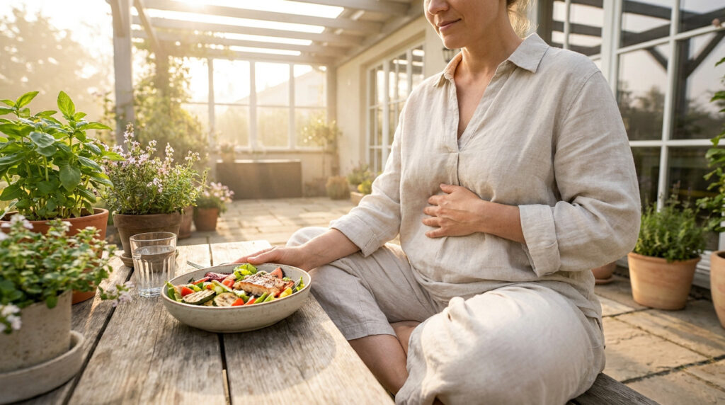 Femme assise à table avec une salade saine et posant la main sur son ventre dans une véranda ensoleillée.