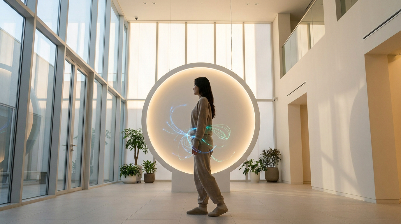 Une femme debout devant un grand cercle lumineux, avec des traînées de lumière bleue stylisée autour de sa taille.