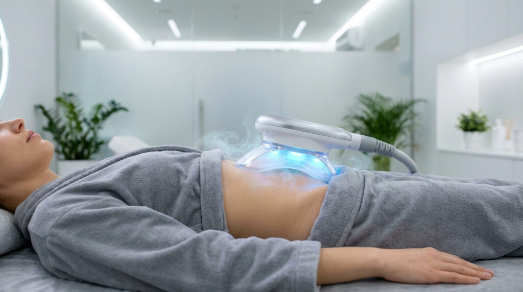 Une femme allongée reçoit un traitement de cryolipolyse sur le ventre avec un applicateur refroidissant.