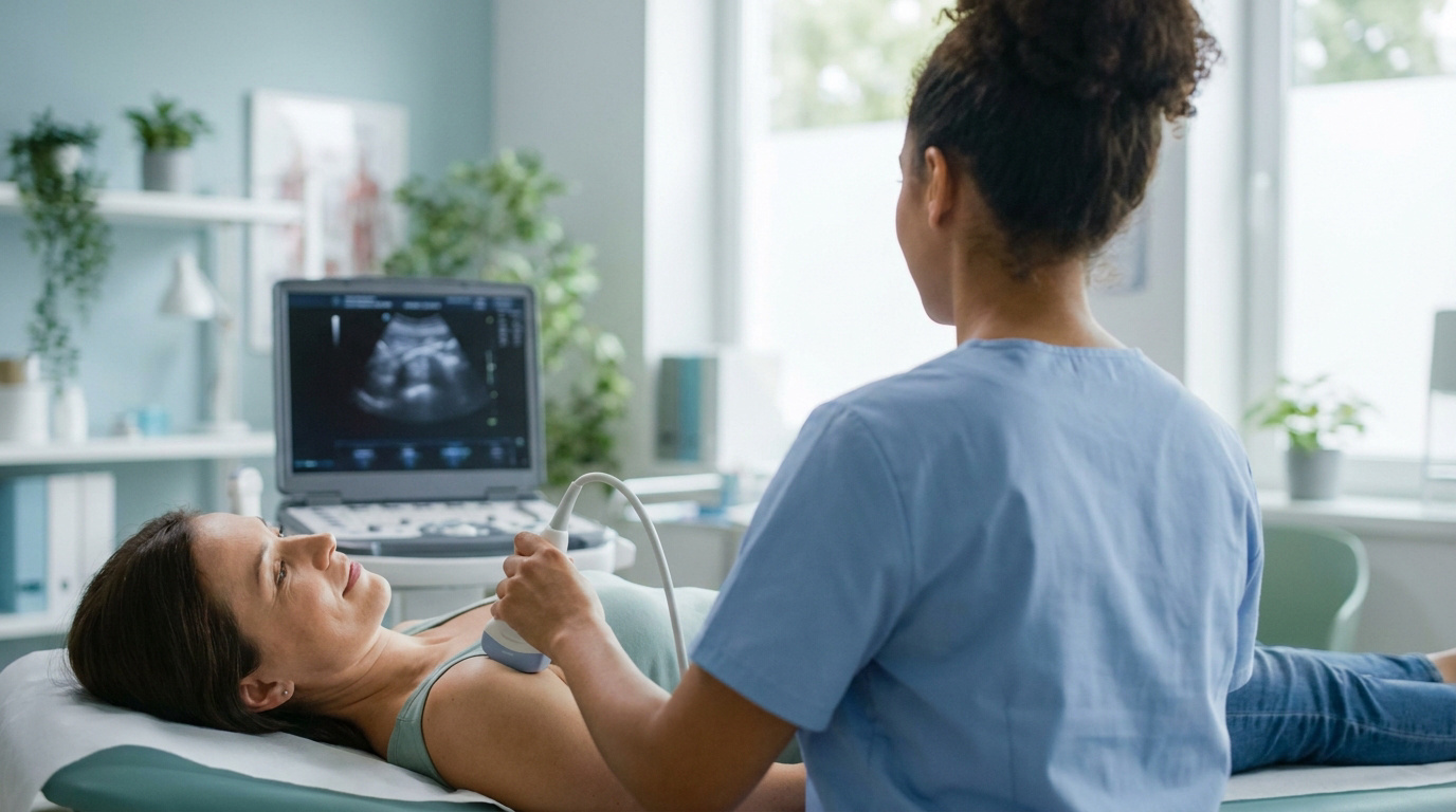 Médecin effectuant une échographie de l'épaule d'une patiente allongée sur une table d'examen médical.