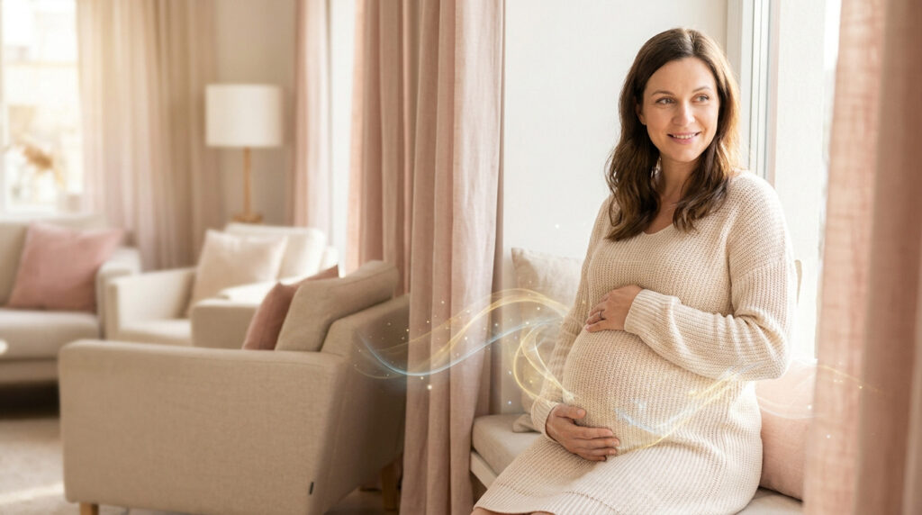 Une femme enceinte souriante assise près d'une fenêtre, avec des effets graphiques lumineux autour de son ventre.