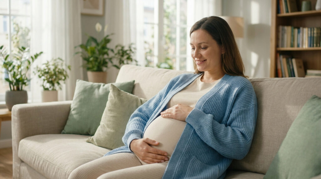 Une femme enceinte souriante assise sur un canapé, posant doucement ses mains sur son ventre arrondi.