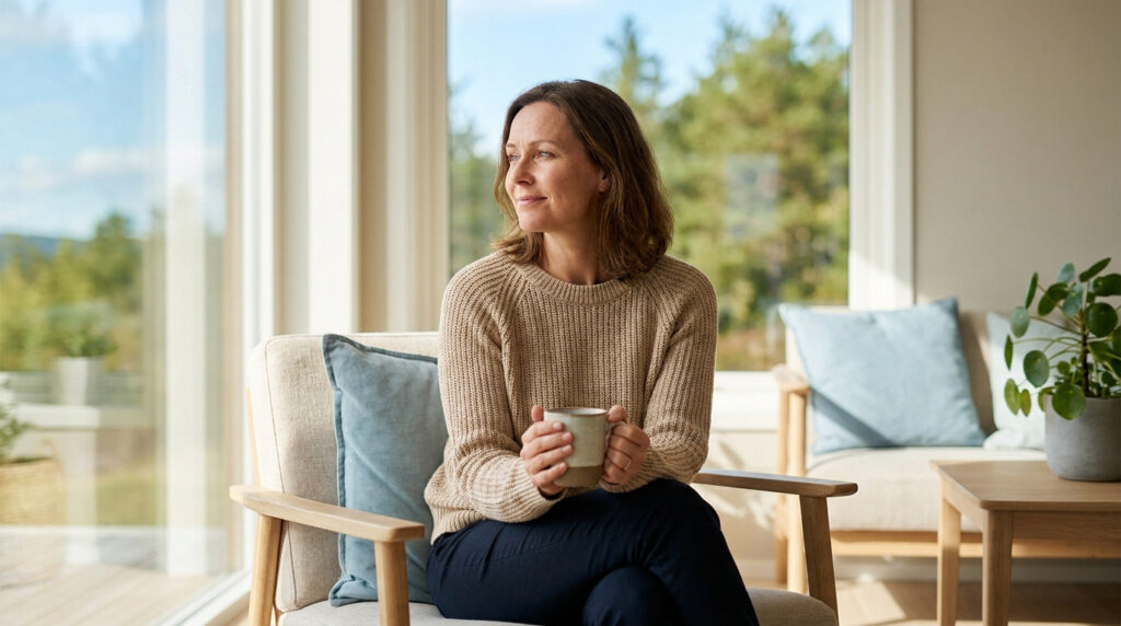 Une femme souriante assise dans un fauteuil confortable, tenant une tasse près d'une grande fenêtre lumineuse.
