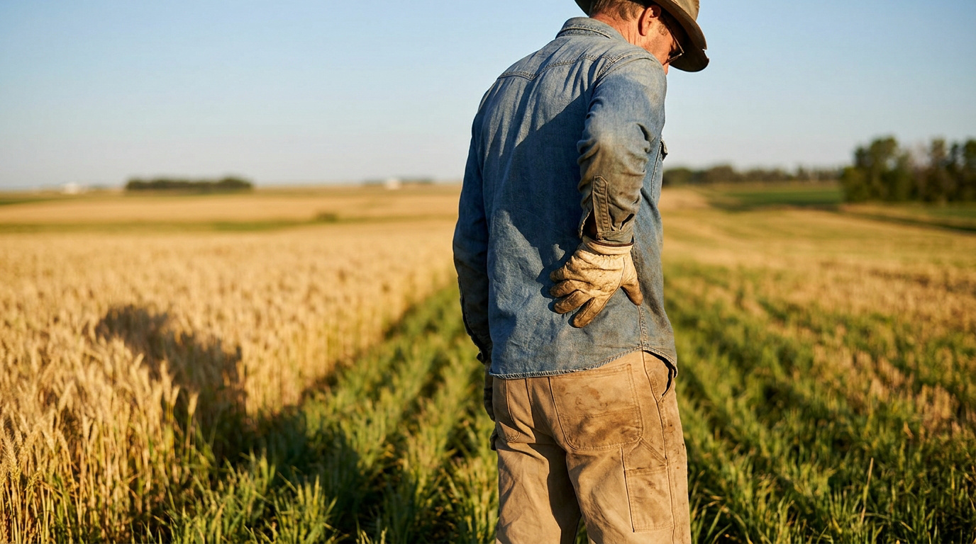 Un agriculteur dans un champ de blé se tenant le dos, illustrant les douleurs liées aux TMS.