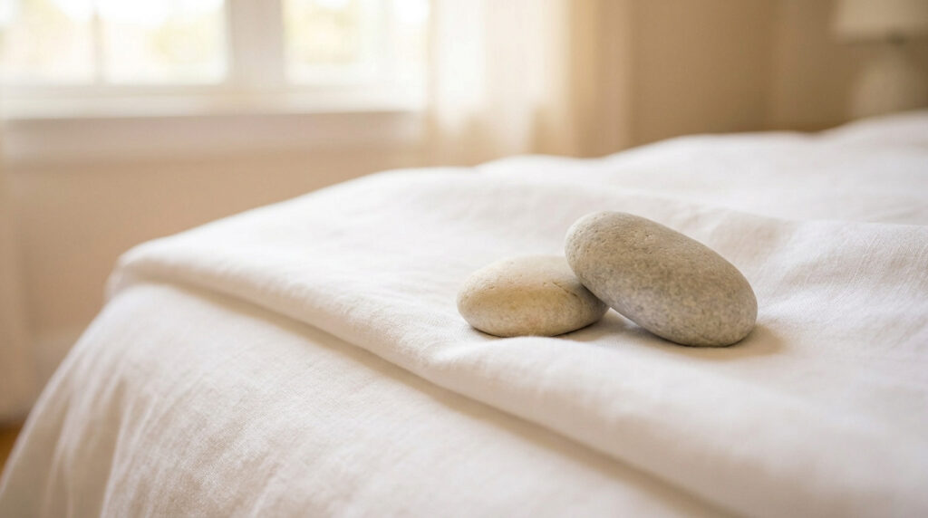 Deux galets lisses posés sur des draps blancs froissés dans une chambre lumineuse et apaisante.