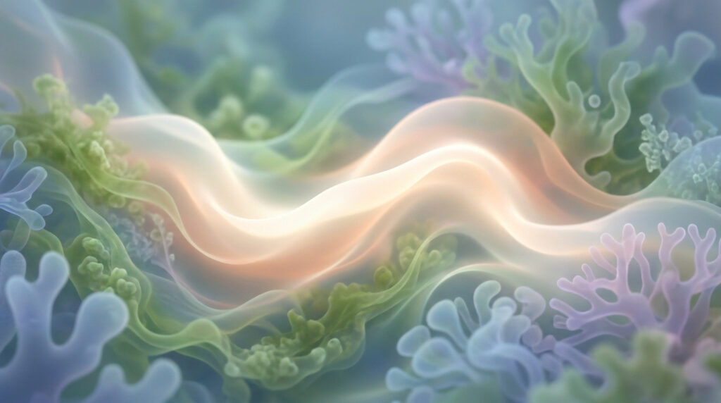 Représentation abstraite de structures cellulaires délicates et lumineuses.