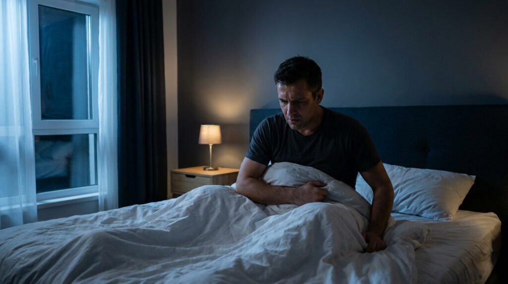 Un homme transpirant et réveillé dans son lit en pleine nuit.