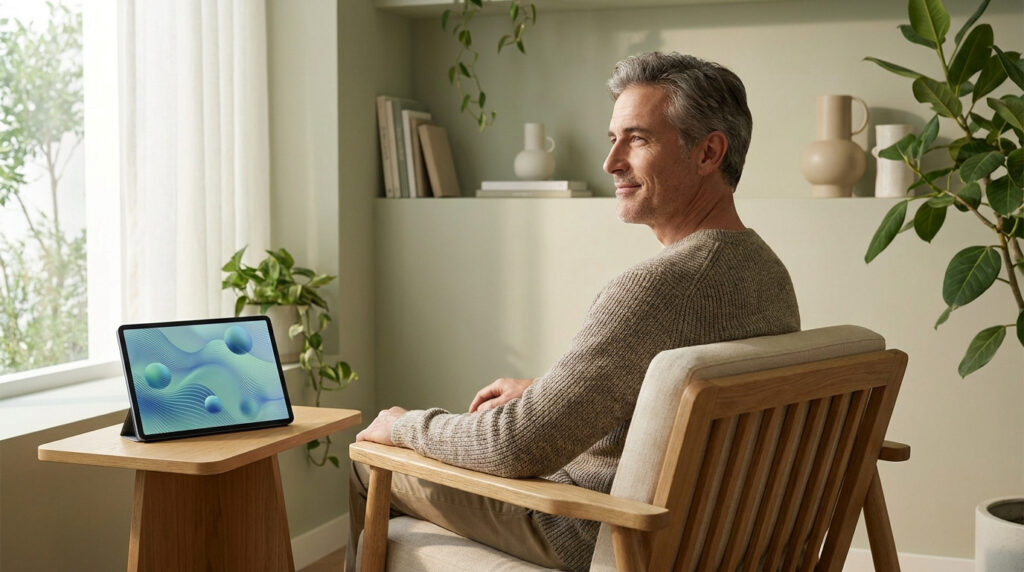 Homme d'âge mûr assis dans un salon lumineux, regardant une tablette affichant une visualisation médicale abstraite.