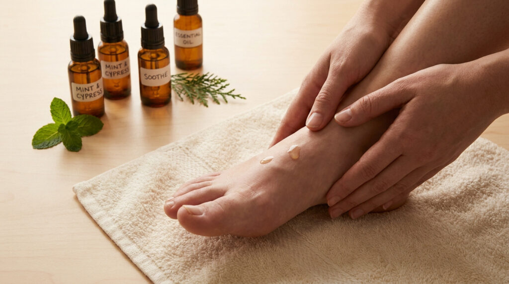 Personne massant son pied gonflé avec des huiles essentielles sur une table en bois.