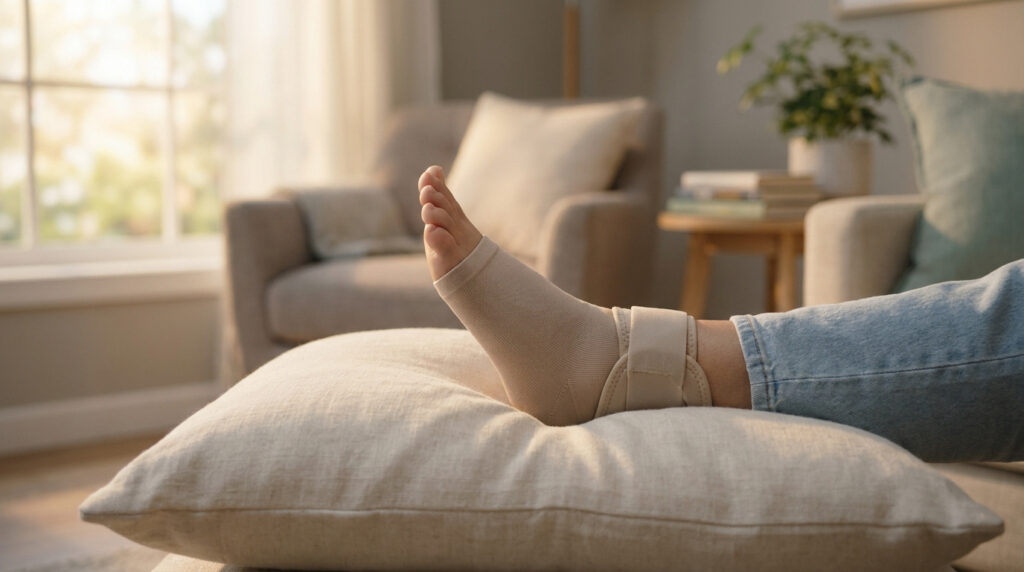 Pied surélevé sur un coussin portant une chevillère de maintien dans un salon lumineux.