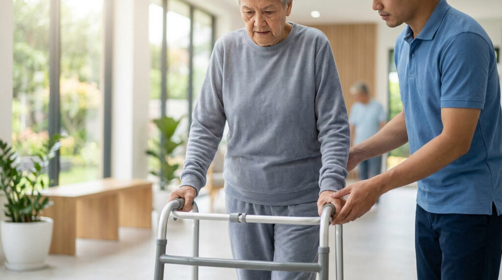 Un soignant accompagne une personne âgée utilisant un déambulateur dans une salle lumineuse.