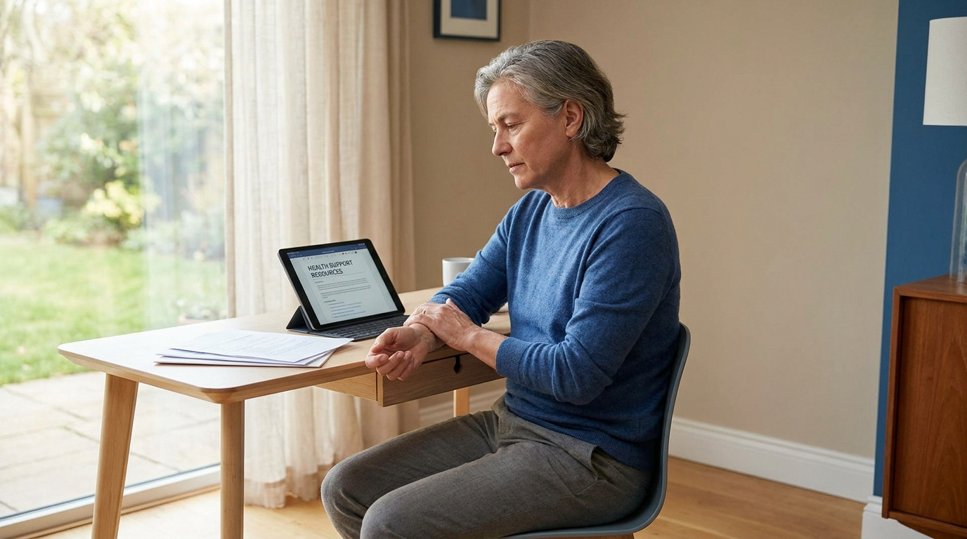 Une femme âgée assise à son bureau, se tenant le poignet avec une expression douloureuse face à une tablette numérique.