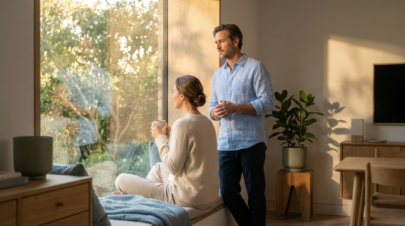 Un couple contemplatif regarde par la fenêtre dans un intérieur moderne et apaisant baigné de lumière dorée.