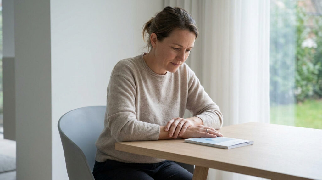 Une femme assise à une table, pensive, regardant un petit guide ou une brochure informative.