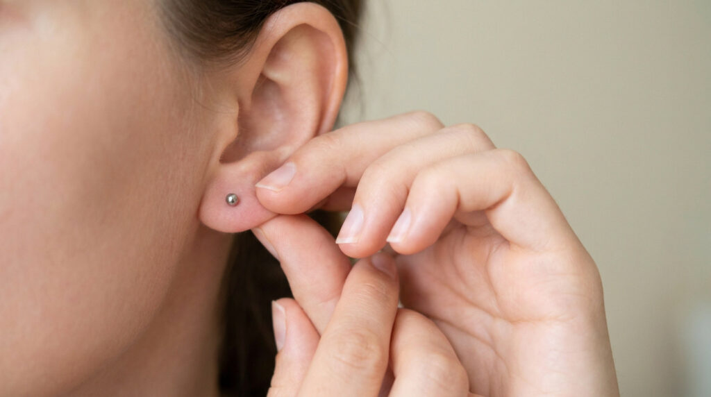Gros plan sur une main retirant délicatement une boucle d'oreille médicale en forme de bille du lobe de l'oreille.
