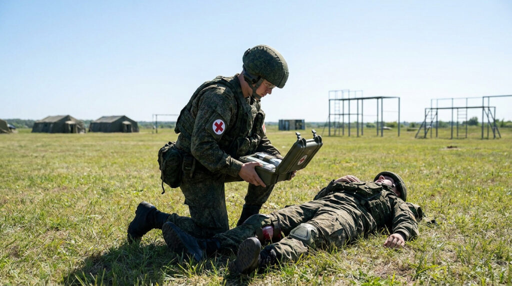 Un auxiliaire sanitaire en uniforme prodiguant des soins à un soldat blessé lors d'un exercice sur le terrain.