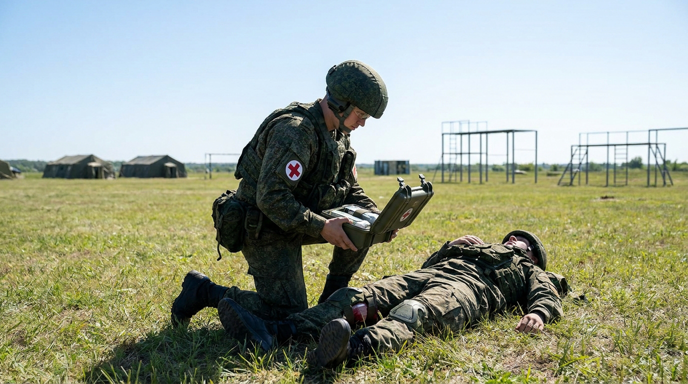Un auxiliaire sanitaire en uniforme prodiguant des soins à un soldat blessé lors d'un exercice sur le terrain.