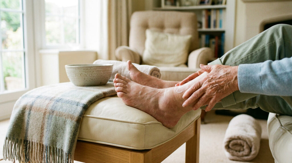 Une personne âgée applique de la crème sur ses pieds et chevilles enflés en se reposant sur un repose-pieds.