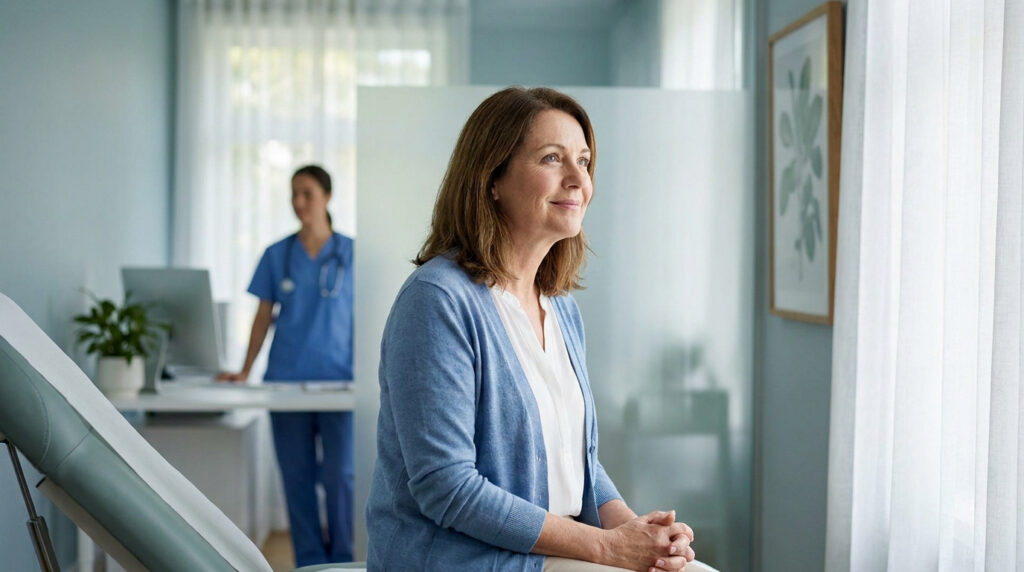 Une femme mature souriante assise dans un cabinet médical avec une infirmière en arrière-plan.