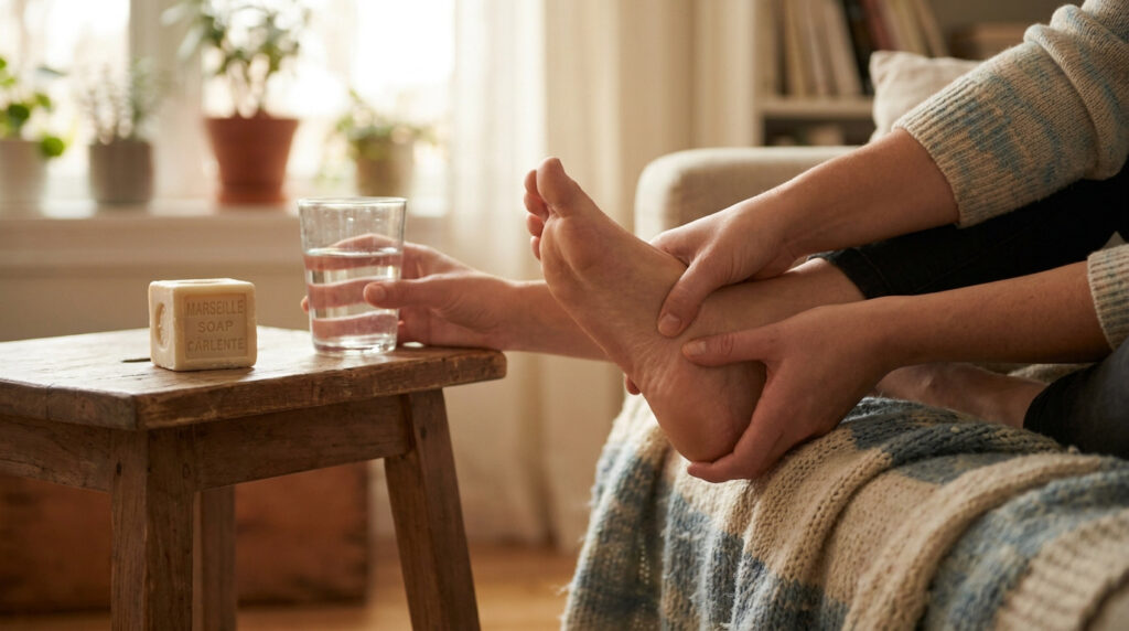 Une personne masse son pied contracté près d'un verre d'eau et d'un savon de Marseille sur une table en bois.