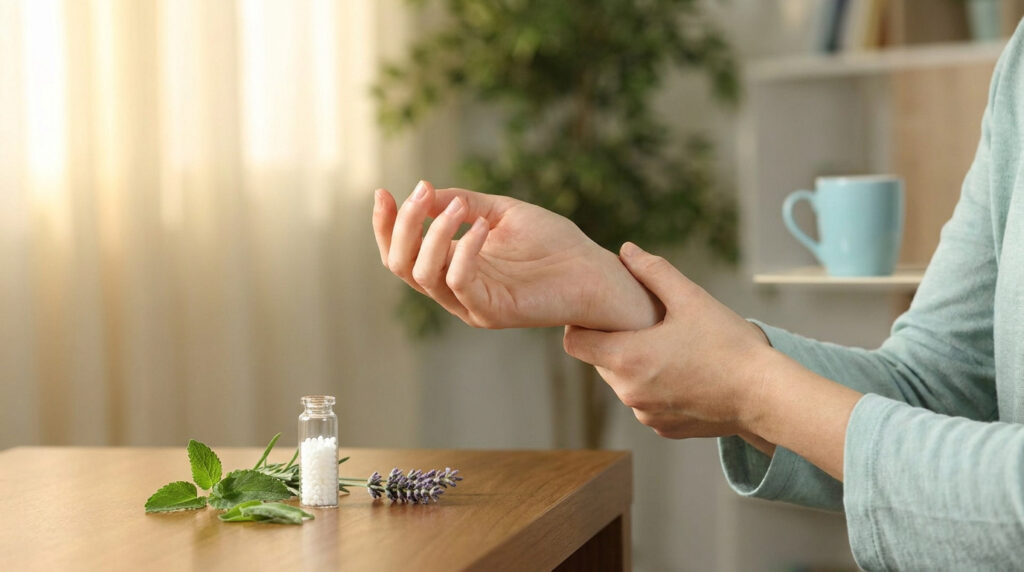 Une personne tenant son poignet douloureux à côté de granules homéopathiques et de plantes médicinales sur une table.