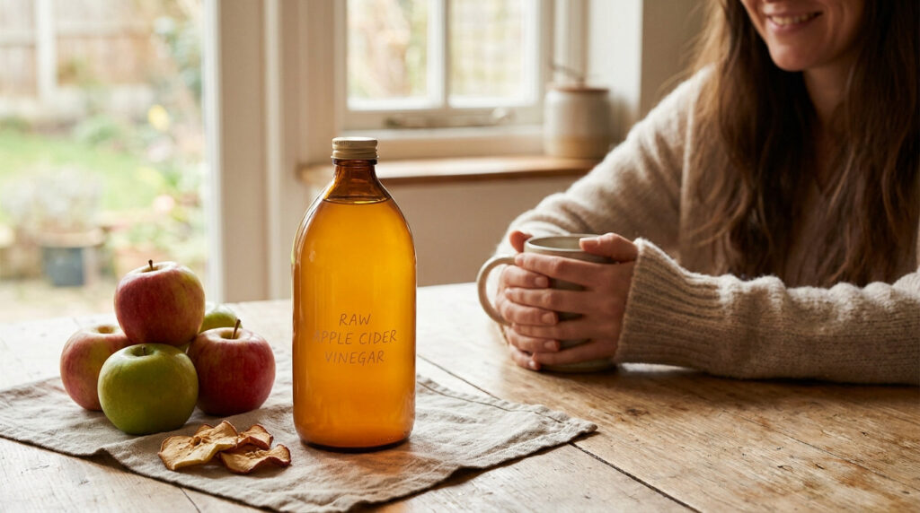 Bouteille de vinaigre de cidre avec des pommes sur une table en bois, une femme tient une tasse en arrière-plan.