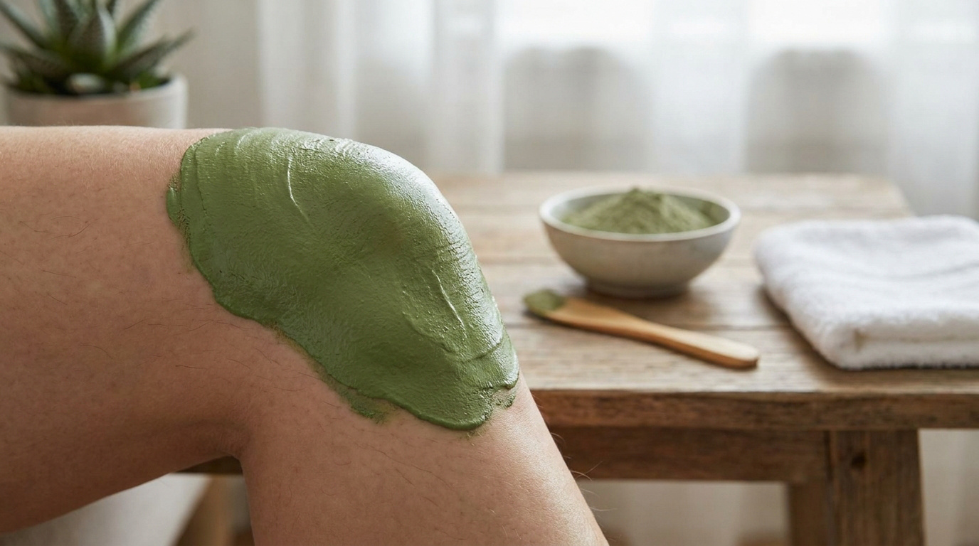 Genou humain recouvert d'une couche d'argile verte apaisante sur un fond de table en bois avec bol et serviette.