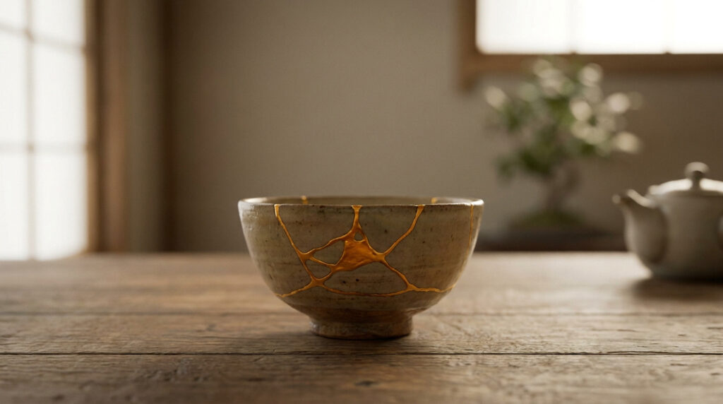 Un bol en céramique réparé avec de l'or selon la technique japonaise du Kintsugi sur une table en bois.