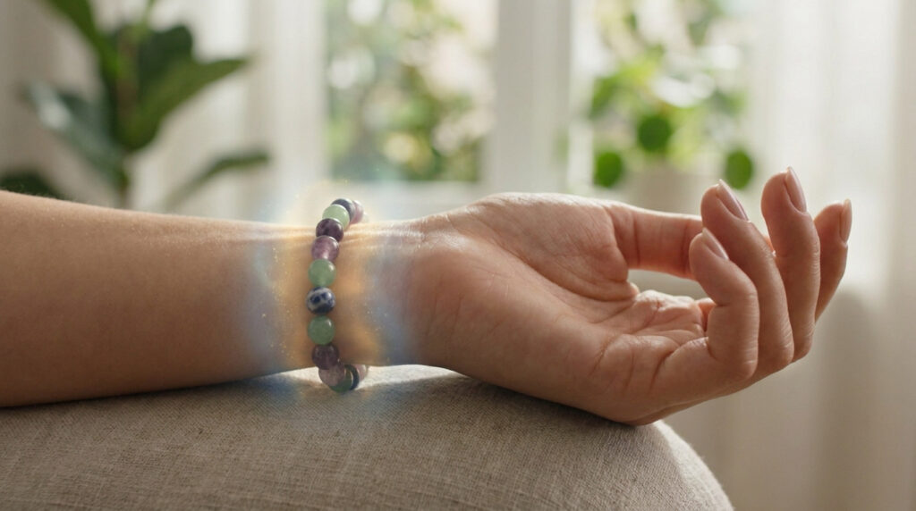 Un bracelet en pierres fines multicolores porté au poignet avec une aura lumineuse magique autour.