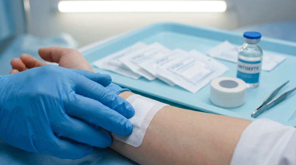 Un professionnel de santé en gants bleus applique un pansement stérile sur le bras d'un patient.
