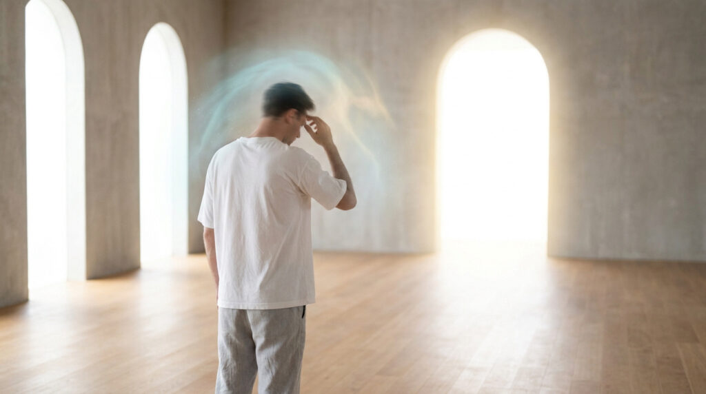 Homme de dos dans une salle épurée, une aura lumineuse et floue entourant sa tête pour symboliser la réflexion mentale.