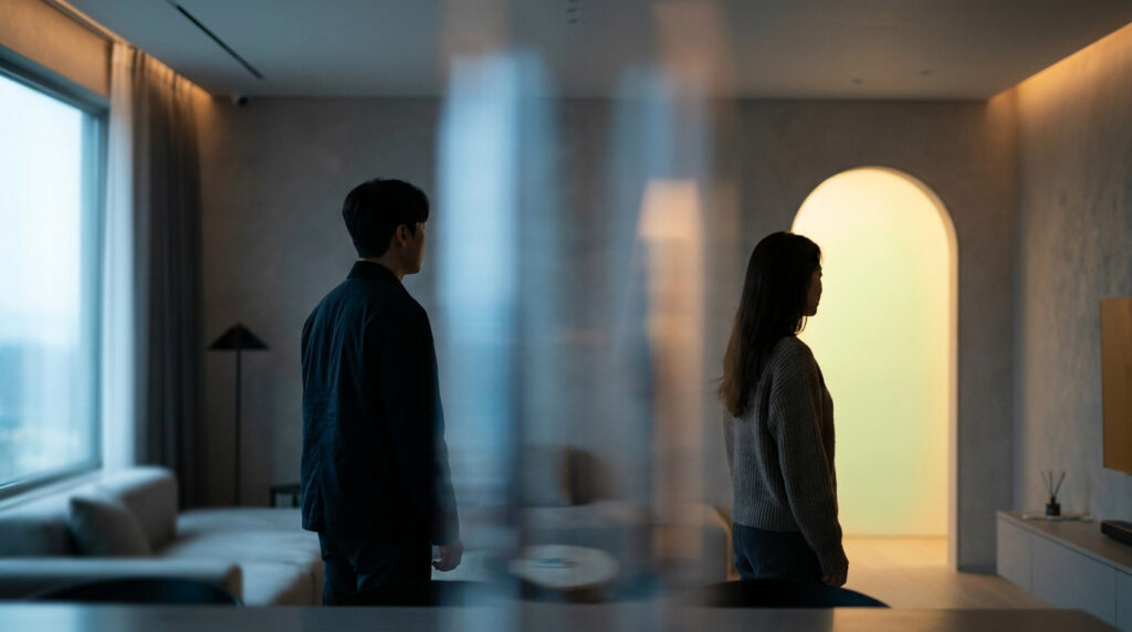 Un homme et une femme se tiennent dos à dos dans un salon sombre, illustrant l'isolement émotionnel.