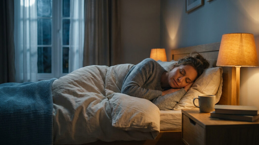 Une femme épuisée dort paisiblement dans son lit, éclairée par une douce lumière de chevet dans une chambre sombre.