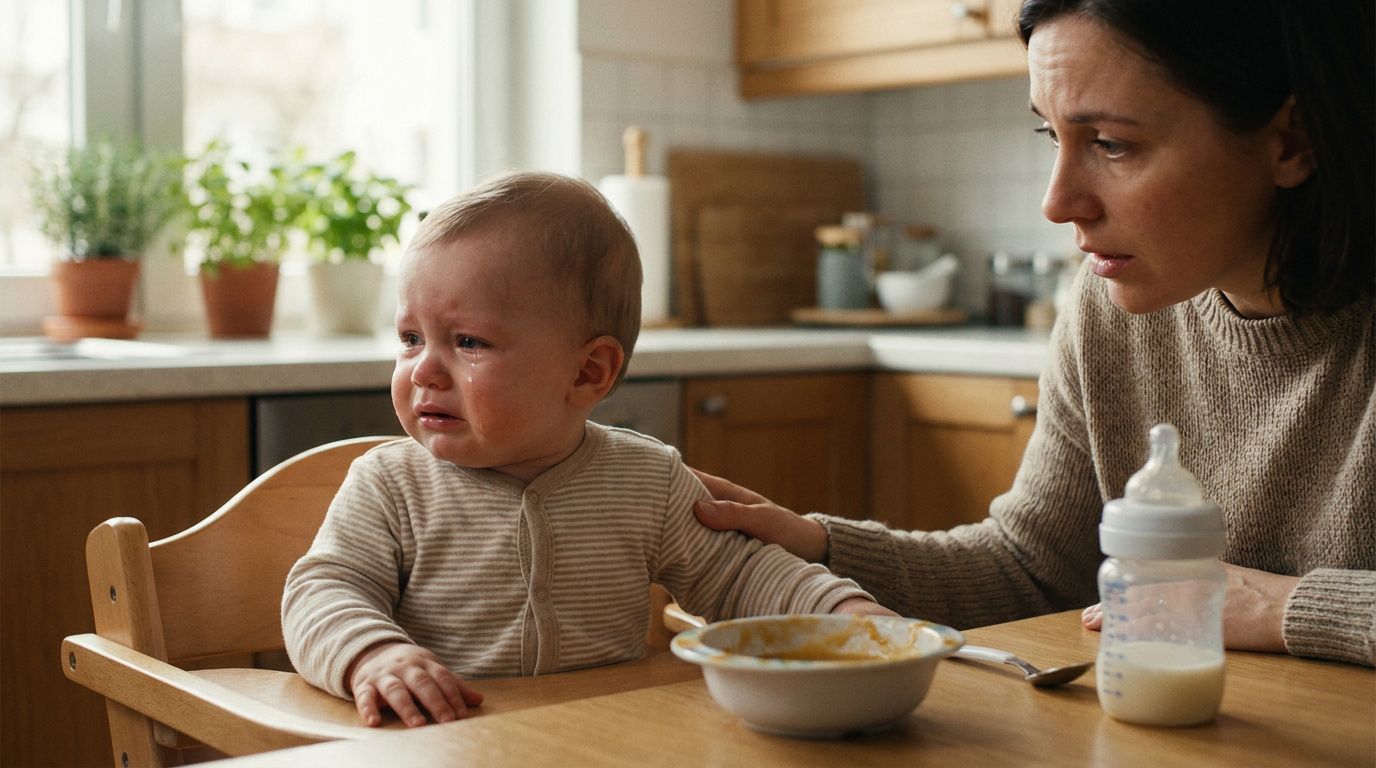Une mère attentive console son bébé en pleurs assis dans sa chaise haute devant un bol de nourriture dans la cuisine.