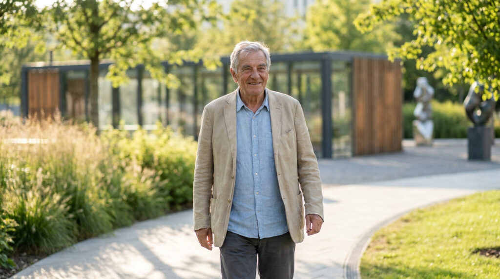 Un homme âgé souriant marchant sereinement dans un parc verdoyant et lumineux.