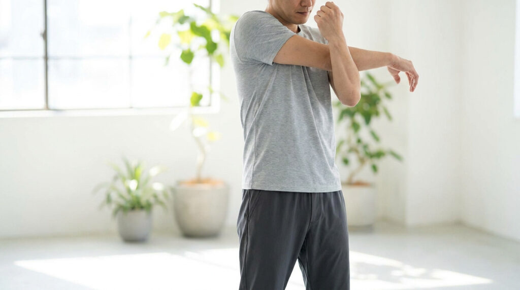 Un homme portant un t-shirt gris et un pantalon fluide s'étire dans une pièce lumineuse.