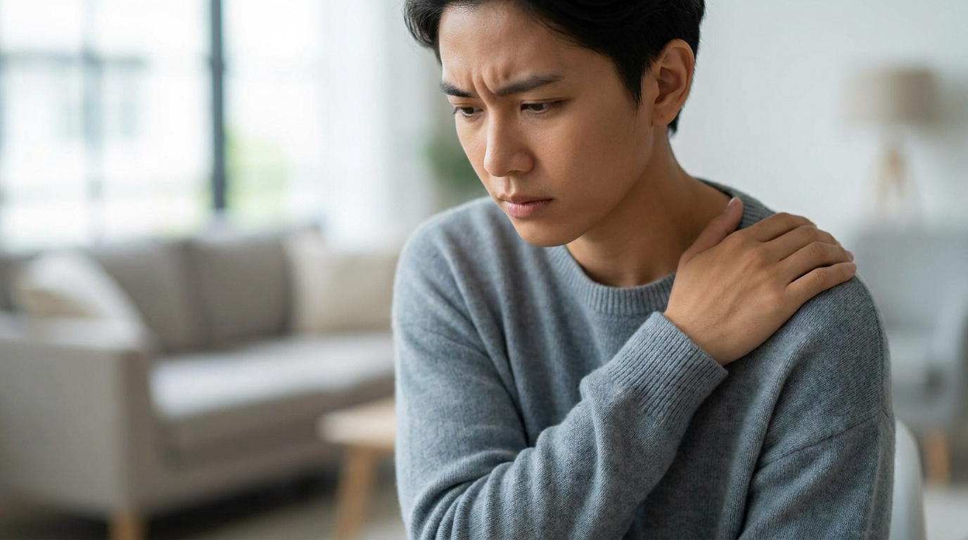 Un jeune homme portant un pull gris semble préoccupé et se tient l'épaule, exprimant une gêne physique ou une douleur.