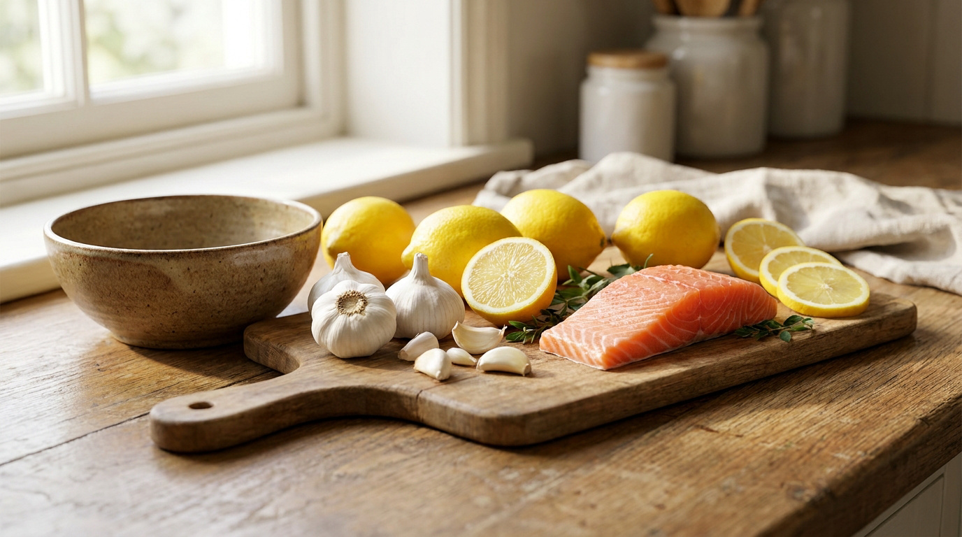 Citrons, ail et filet de saumon frais disposés sur une planche à découper en bois dans une cuisine lumineuse.