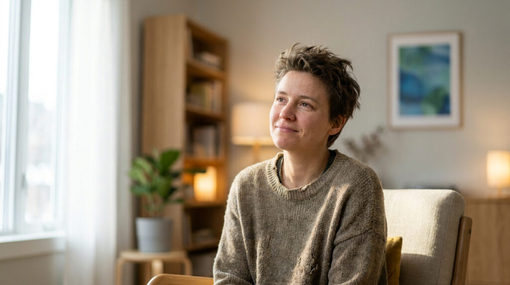 Une personne aux cheveux courts, assise dans un salon lumineux, semblant perdue dans ses pensées avec un sourire léger.