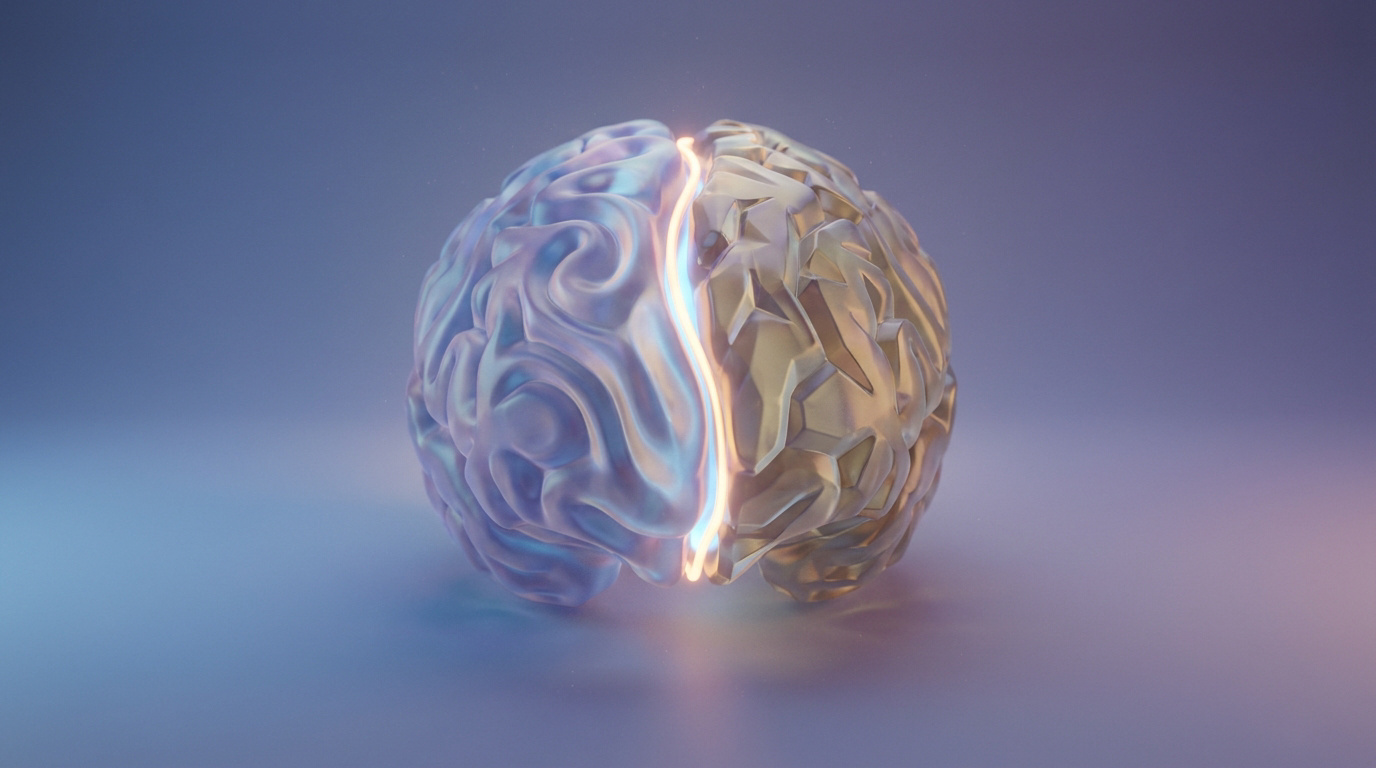 Représentation 3D d'un cerveau divisé en deux textures contrastées par une ligne lumineuse centrale.