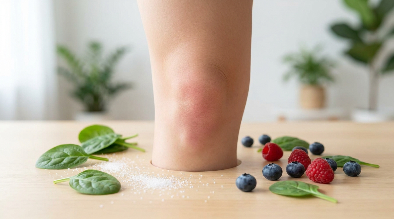 Gros plan sur un genou enflammé posé sur une table avec du sucre, des épinards et des baies fraîches.
