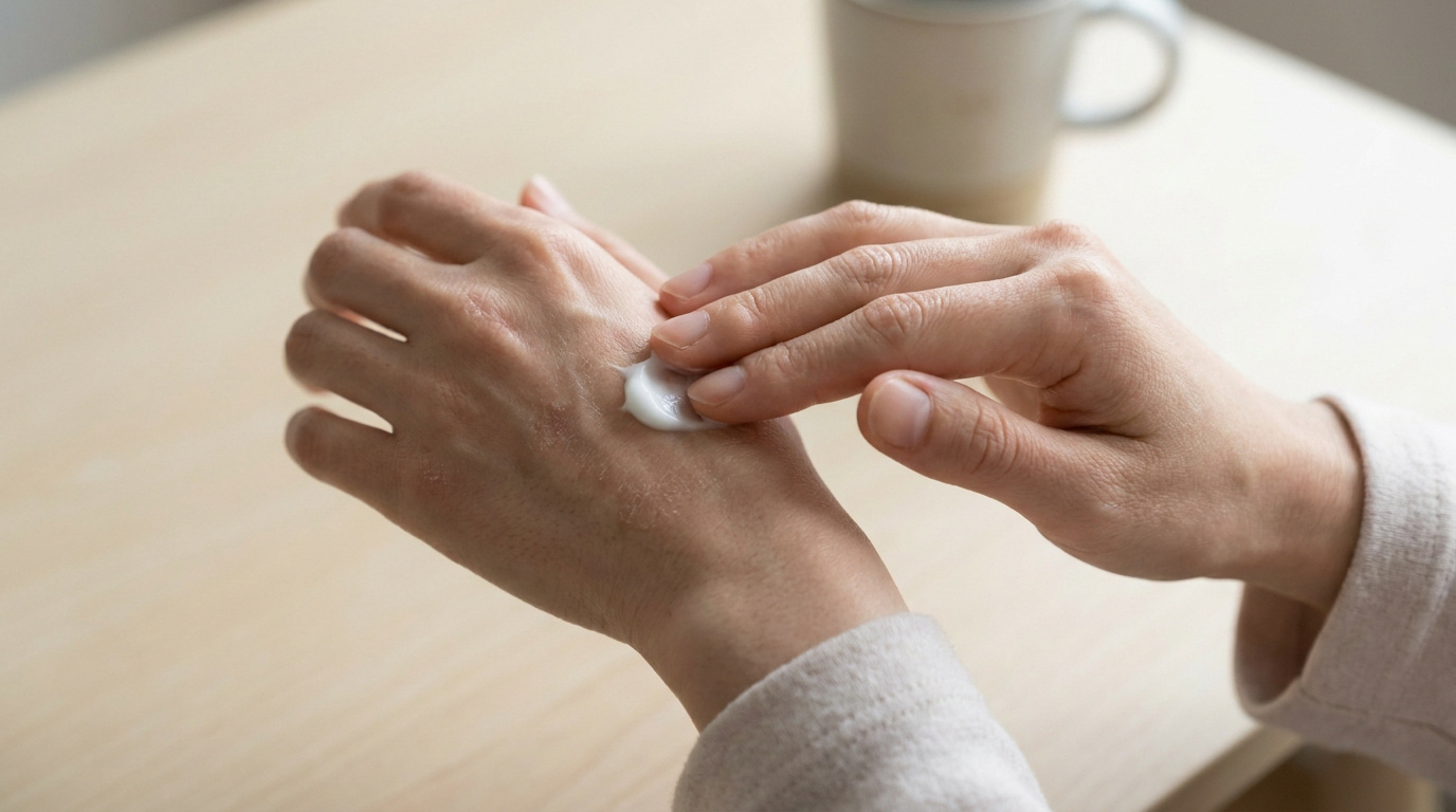 Une personne applique une crème hydratante blanche sur le dos de ses mains sèches et irritées sur une table en bois.