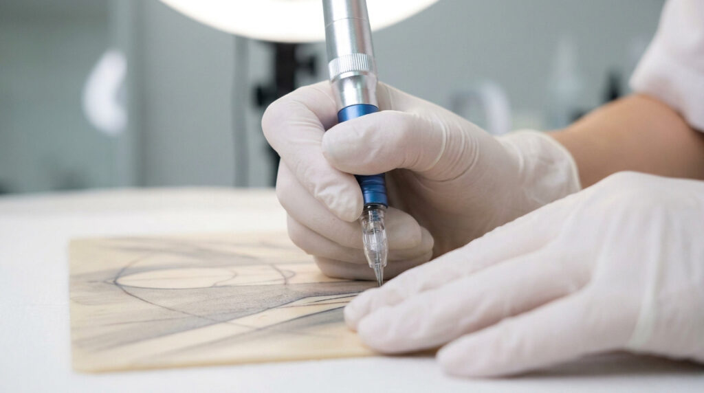 Mains gantées utilisant un dermographe sur une peau synthétique pour une formation en dermopigmentation.