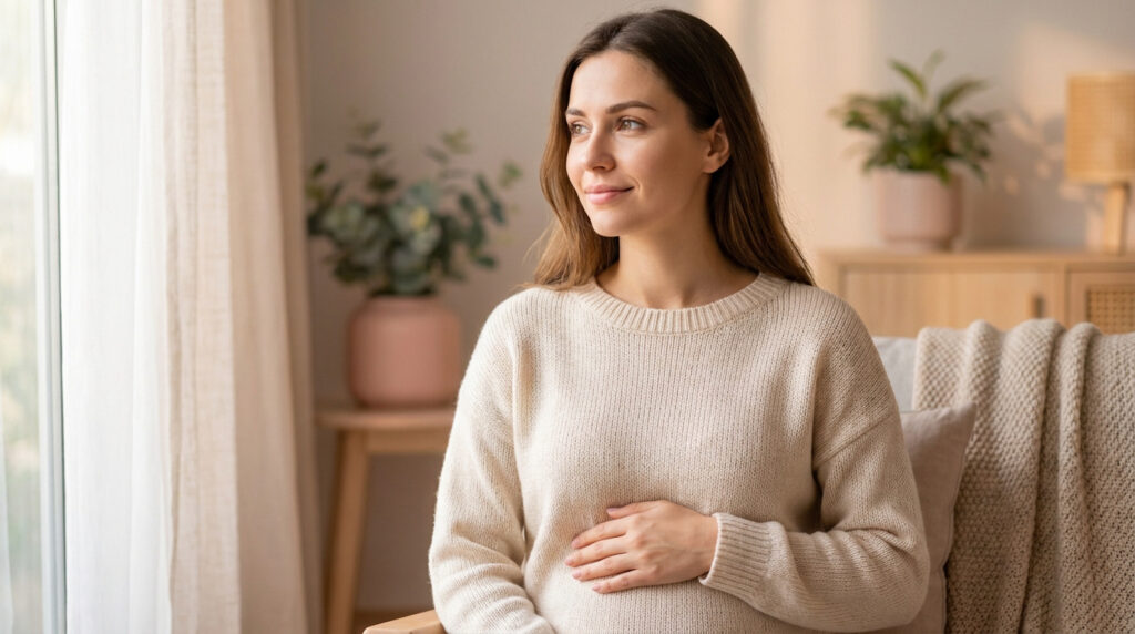 Femme enceinte souriante assise près d'une fenêtre, main posée sur son ventre, dans un intérieur chaleureux.