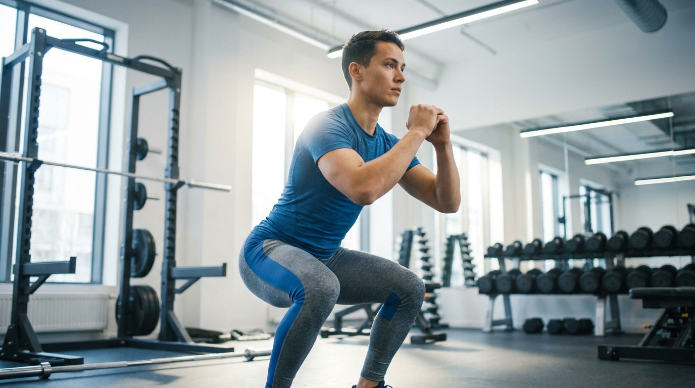 Un homme effectue un squat au poids du corps dans une salle de sport moderne et lumineuse.