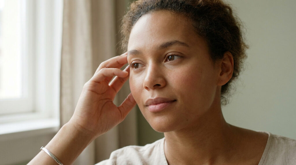 Une femme à la peau métisse touchant délicatement sa tempe avec une expression pensive.
