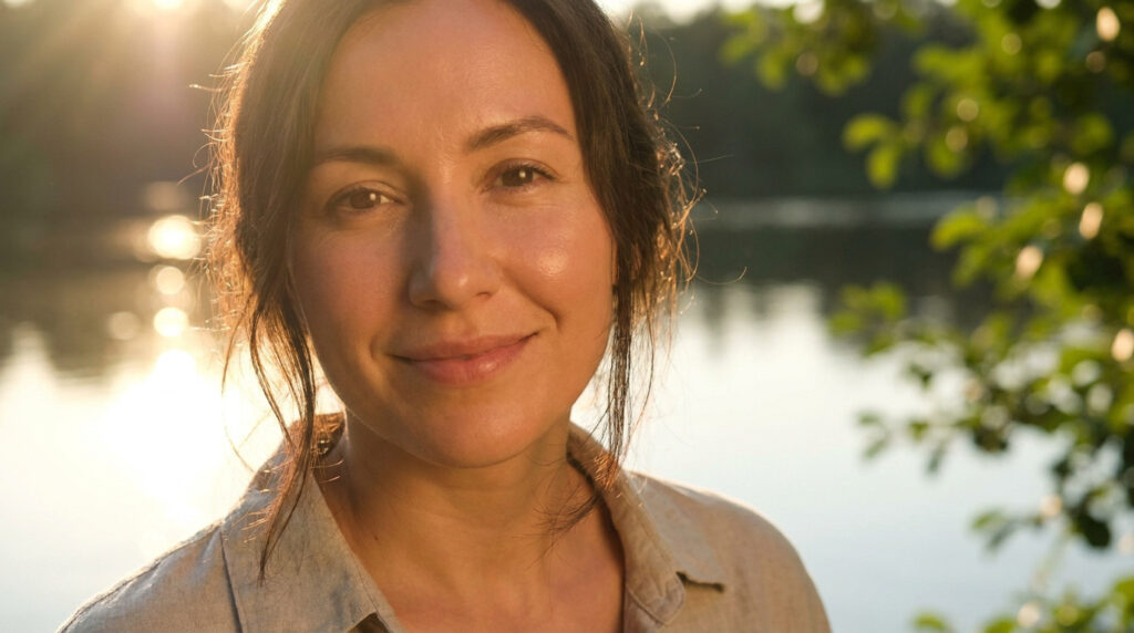 Portrait d'une femme souriante à la peau éclatante au bord d'un lac.