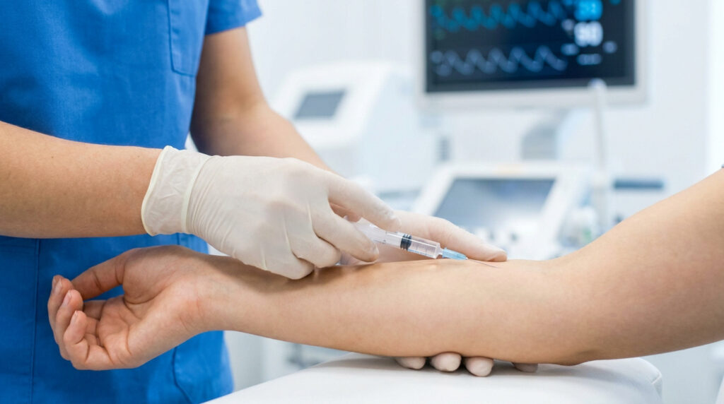Un professionnel de santé effectue un prélèvement de gaz du sang au niveau de l'artère radiale d'un patient.