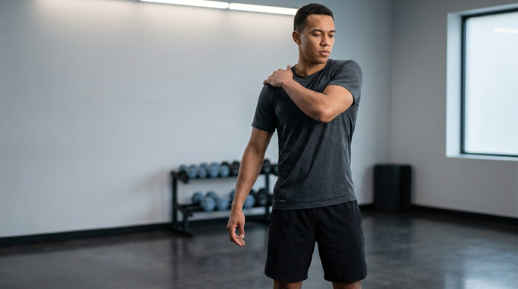 Un homme en t-shirt gris s'étire l'épaule dans une salle de sport avant une séance de pompes.